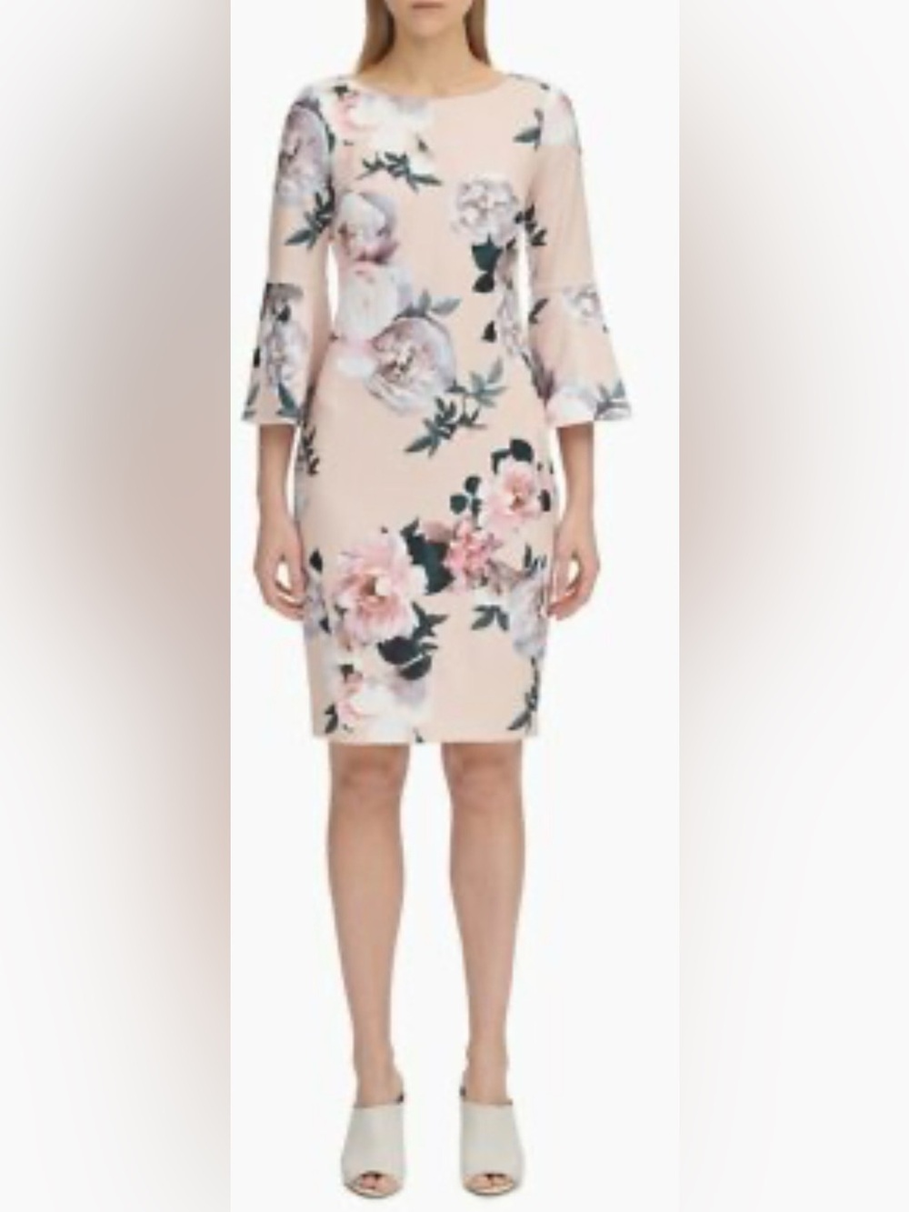 Calvin Klein Blush Floral Bell-Sleeve Midi Dress - Picture 2 of 9